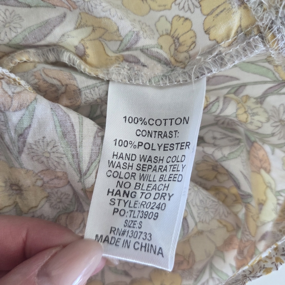 Umgee Boho Peasant Yellow Floral Print + Cream Tiered Top, Tie Back Neck - Small - Picture 9 of 9